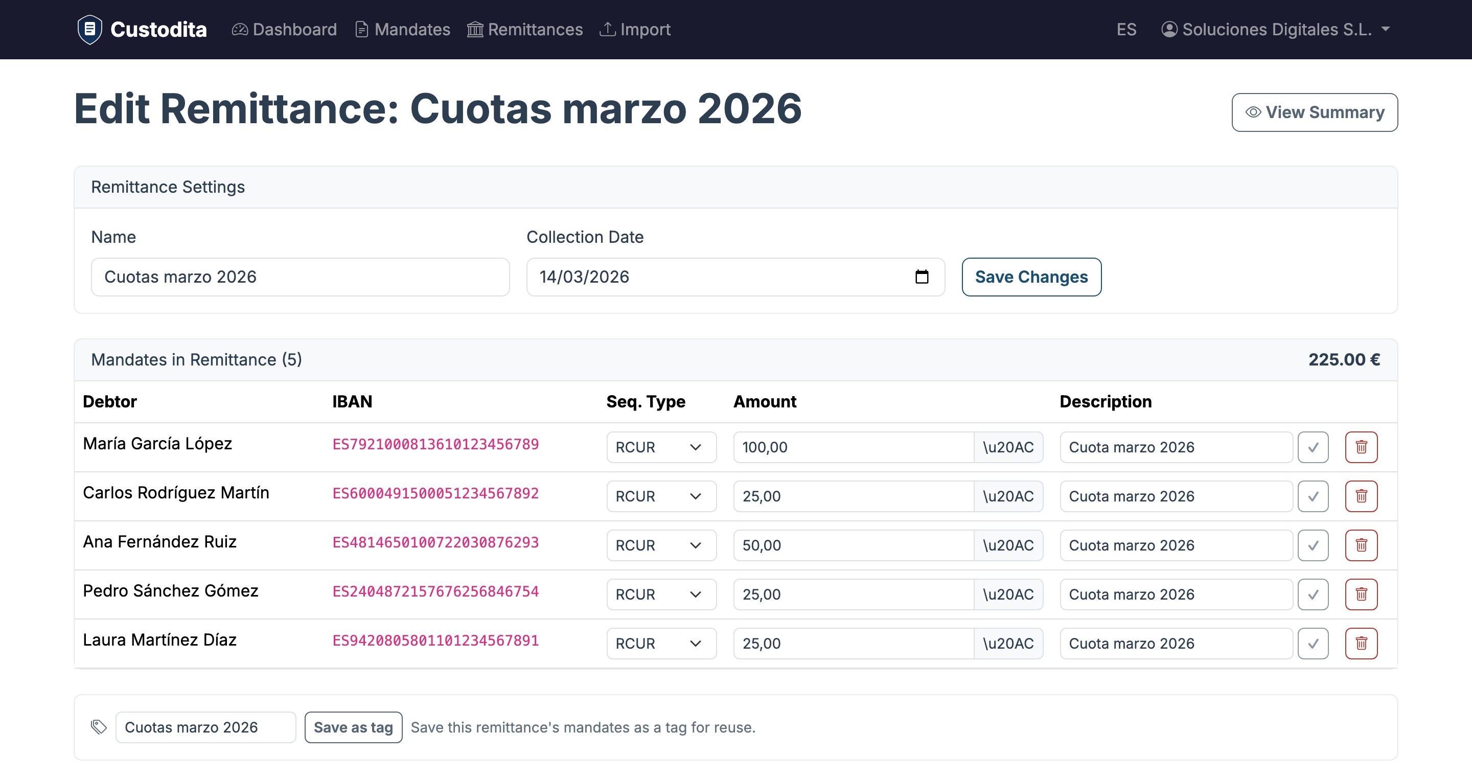 Configure each debit individually