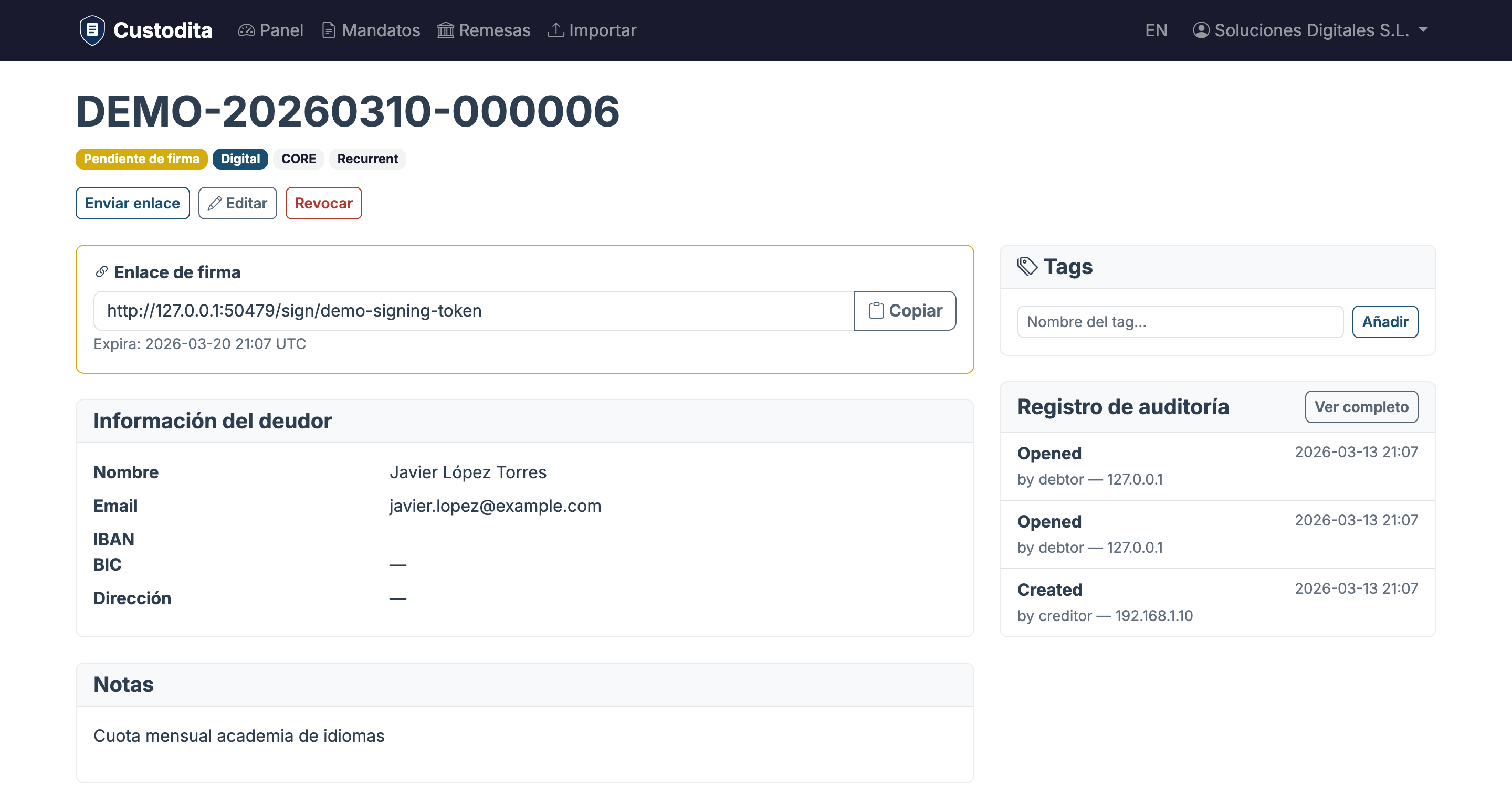 Envía el enlace de firma